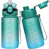 Sports Tritan Water Bottle with Straw & Time Marker, Motivational Kids Daily Drinking Water Bottle with Strap for Children, School, 2 Lids, 20 oz