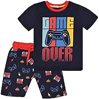 Kids Girls Boys Pyjamas Game Over Contrast Top Shorts 2 Piece PJS Sleepwear Set
