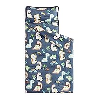 Wake In Cloud - Toddler Nap Mat with Pillow and Blanket, 100% Cotton Fabric, for Kids Boys Girls in Daycare Kindergarten Preschool, Cute Dinosaur Cartoon on Navy, Extra Long