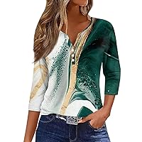 Button Down Henley Shirt for Women,3/4 Length Sleeve Womens Tops Button Henley V Neck Shirts Henley 2024 Summer Blouses Dressy Fashion Print Clothes Ladies 3/4 Sleeve Tops