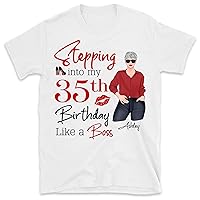 Personalized Birthday T-Shirt for Woman Stepping Into My 35th Birthday Like A Boss, Custom Grandma Shirt, Funny Birthday Gift for Mother, Mom, Nana, Mimi, Women Tee