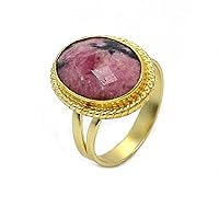 Gold Plated Brass 14X10 MM Oval Checker Cut Natural Rhodochrosite Ring Jewelry for Male