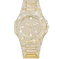 SIBOSUN Luxury Mens/Womens Unisex Crystal Iced-Out Watch Diamond Watches for Men Oblong Gold Wristwatch Fashion Quartz Analog Watch Stainless Steel Bracelet for Women Mens, Gold, Analog Watch