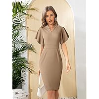 Women's Dress Notch Neck Butterfly Sleeve Dress Women's Dress (Color : Brown, Size : Large)