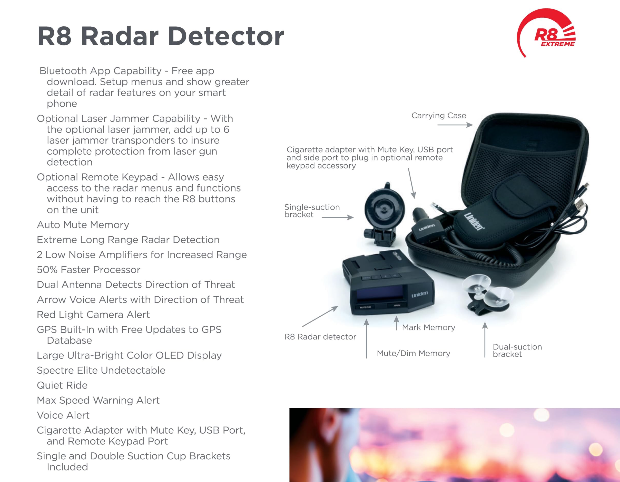 UNIDEN R8 Extreme Long-Range Radar/Laser Detector, Dual-Antennas Front & Rear Detection w/Directional Arrows, Built-in GPS w/Real-Time Alerts, Voice Alerts, Red Light Camera and Speed Camera Alerts
