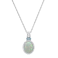 Lab Created 9x7mm Center Oval Opal & Round White Sapphire, Natural White Topaz Halo Style Pendant with 18 inch Silver Chain for Her in 925 Sterling Silver