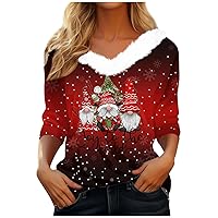 Women's T Shirt Tee Christmas Shirt Long Sleeve Party Christmas Fleece Collar V Neck Top
