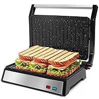 Aigostar Panini Press, 1200W Sandwich Maker and Electric Indoor Grill with Ceramic Non-Stick Coated Plates, Opens 180°to Fit Any Size of Food, Stainless Steel Surface & Removable Drip Tray, Silver