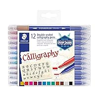 Staedtler Duo-Ended Markers, Calligraphy, 2.0 mm/3.5 mm, Blue Barrels, Assorted Ink Colors, Pack of 12 Pens