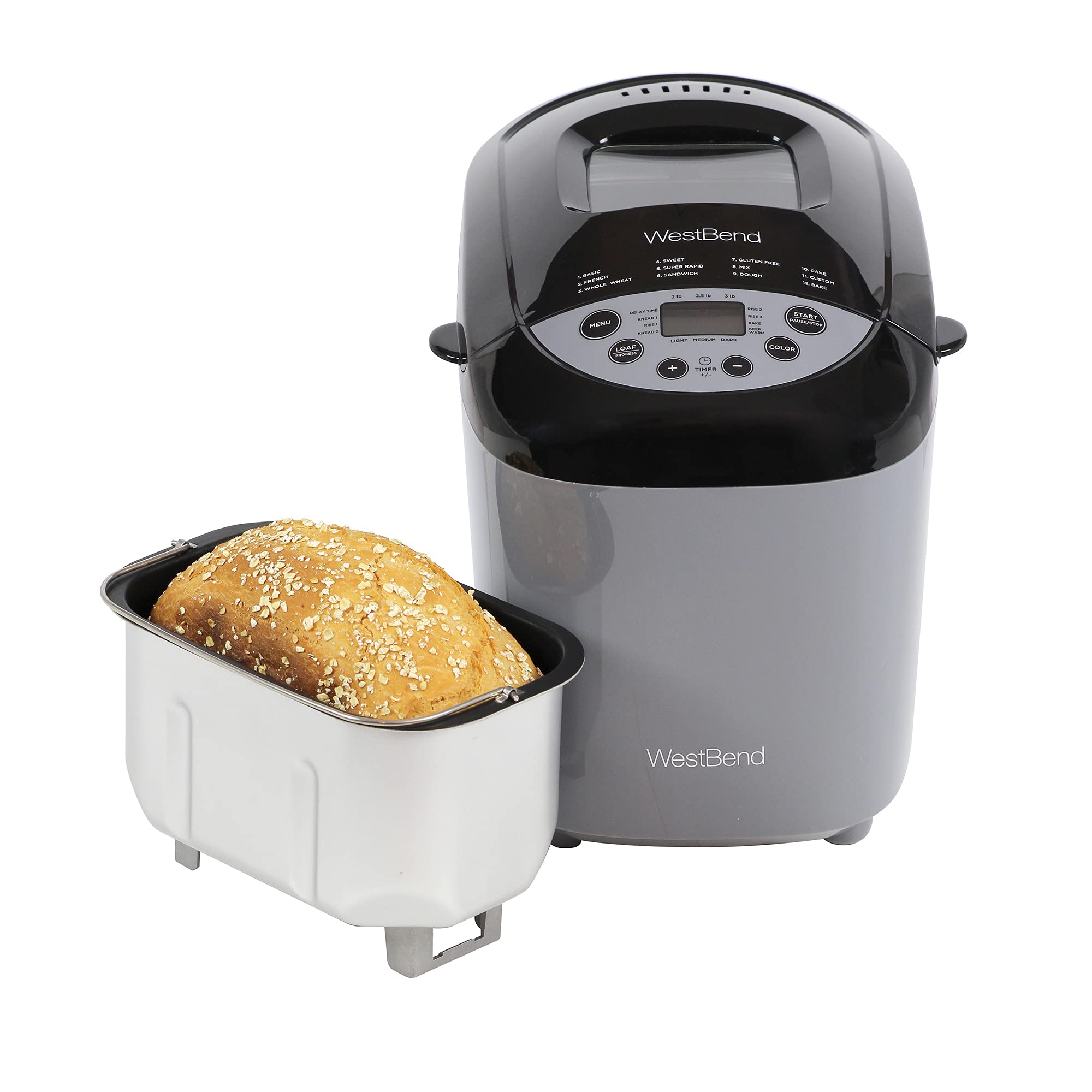 West Bend Hi-Rise Bread Maker Programmable Horizontal Dual Blade with 12 Programs Including Gluten Free, 3-Pound, Gray