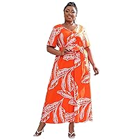 IMEKIS Women Plus Size Causal Boho Maxi Dress Summer Wrap V Neck Short Sleeve Floral Ruffle A-line Party Dress with Belt