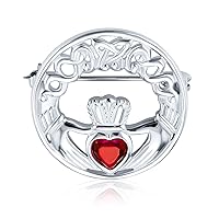 Traditional Irish Celtic Heart Claddagh Brooch Bangle Bracelet For Women Simulated Green Emerald, Red Ruby .925 Sterling Silver