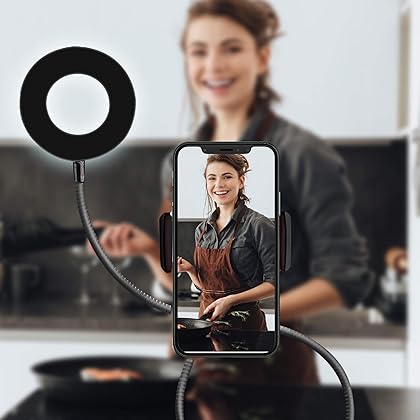 TALK WORKS Selfie Ring Light Cell Phone Holder Compatible w/iPhone 13/13 Pro/13 Pro Max/14/14 Plus/14 Pro/14 Pro Max - Flexible Clip USB LED Stand for Live Streaming w/ 10 Brightness Levels (Black)
