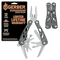 Gerber Gear Suspension 12-in-1 Needle Nose Pliers Multi-tool with Tool Lock - Multi-Plier, Wire Cutter, Crosspoint and Flathead Screwdriver Set, Small Scissors - EDC Gear and Equipment - Gray
