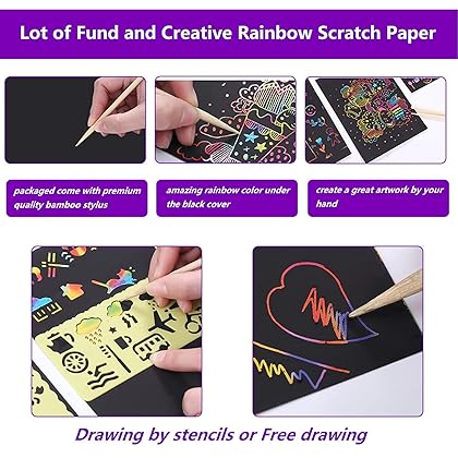 SKYFIELD Scratch Paper Art Set for 3 4 5 6 7 Year Old Boy and Girl, 100 Sheets Scratch it Off Rainbow Magic Paper Craft, Kids Age 8-12 and up DIY Holiday Gift Birthday Party Games