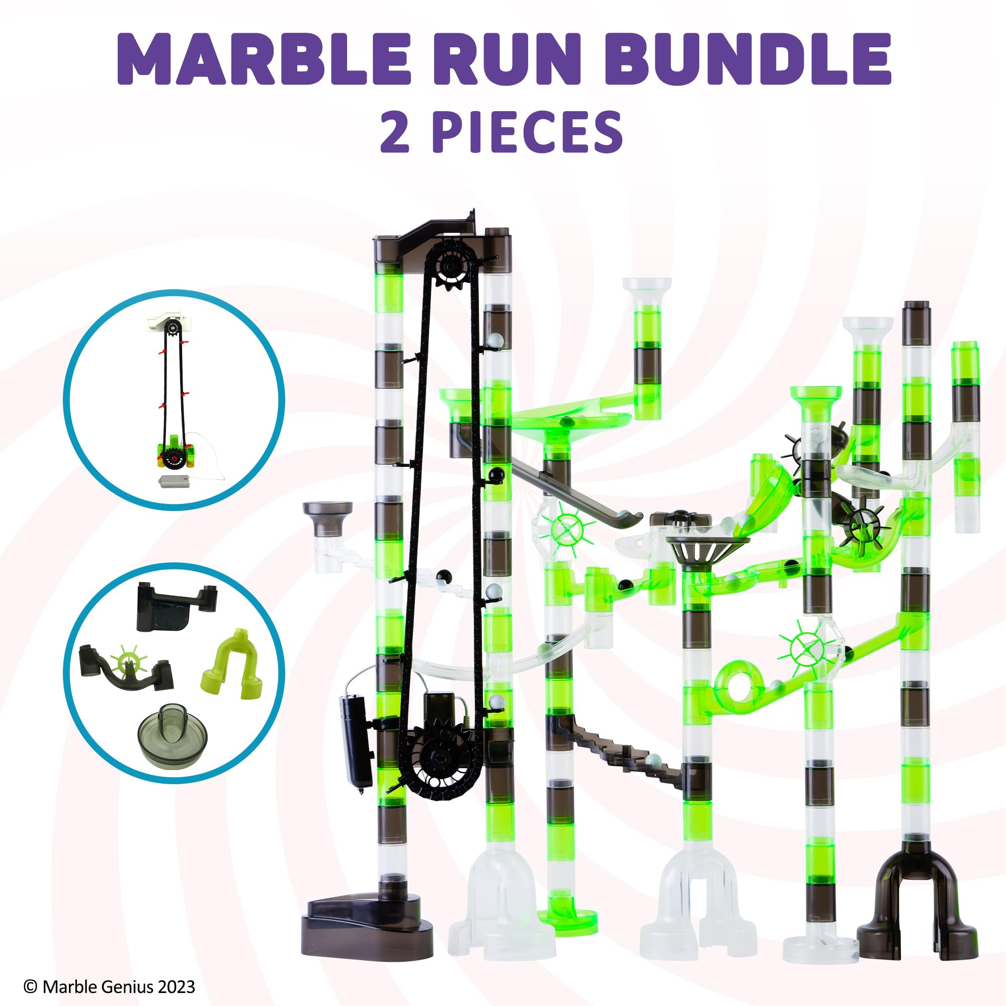 Marble Genius Bundle: Marble Run Space Elevator with Glass Glow Marbles and Automatic Chain Lift, Experience The Thrills of Marble Racing