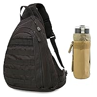 Black Tactical Sling Crossbody Backpack Pack Military Rover Shoulder Bag and Wolf Brown Tactical Water Bottle Holder Pouch Molle System Bag (pack of 2)