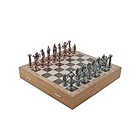 Metal Chess Set for Adults Royal British Army Antique Copper,Handmade Pieces and Different Design Wooden Chess Board with Storage (Rustic)