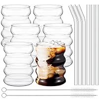 6 Pcs Creative Glass Cups Cute Ripple Shaped Vintage Drinking Glasses Ribbed Glassware Clear Aesthetic Cups Entertainment Dinnerware Glassware with Straws Set for Kitchen Coffee Juice Water Beverage