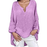 Women's Gauze 2024 Shirts Rolled Sleeve 3/4 Sleeve Crinkle Gauze Summer Trendy Tops Low High Loose Fit Casual Tunics