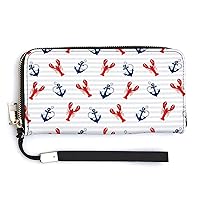 Marine and Lobsters Women’s Long Wallet PU Clutch Purse with Wristlet Strap Zipper Mini Handbag
