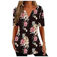 Women's Casual Tunic Tops Hide Belly Shirts Floral Print V Neck T-Shirts 2024 Summer Short Sleeve Dressy Plus Size Blouse
