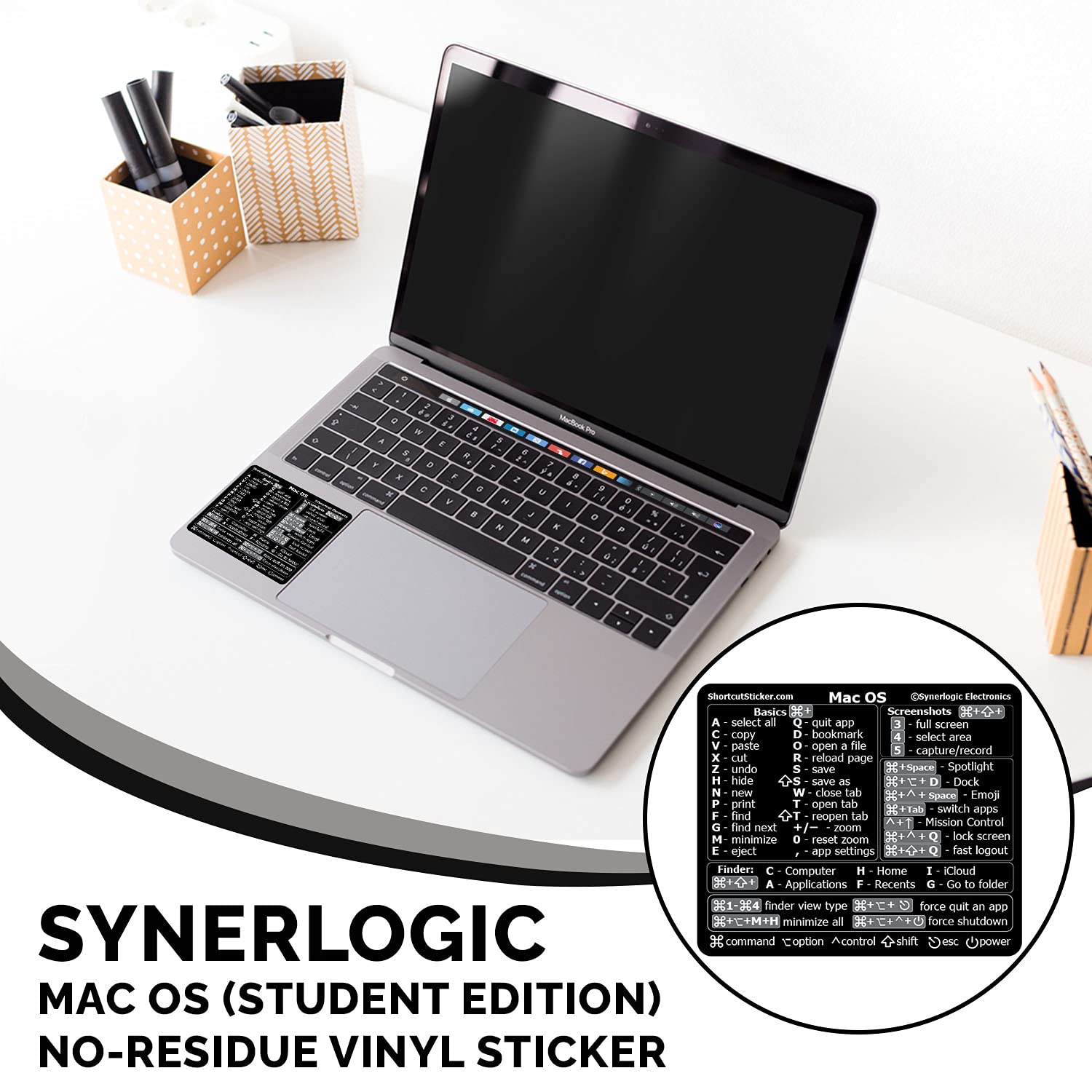 SYNERLOGIC (Universal for Mac) Mac OS Reference Keyboard Shortcut Sticker, No-Residue Laminated Vinyl - for Any MacBook Air/Pro/iMac/Mini (Black)