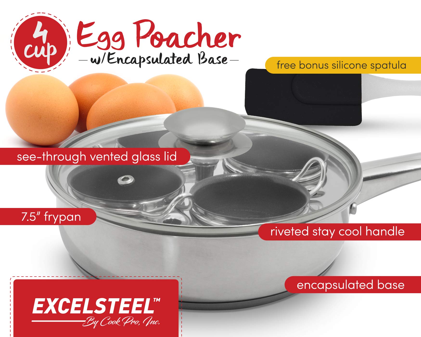 EXCELSTEEL Non Stick Easy Use Rust Resistant Home Kitchen Breakfast Brunch Induction Cooktop Egg Poacher, 4 Cups, 18/10 Stainless Steel