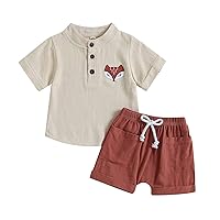 Toddler Boy Linen Shorts Outfit Button Up Short Sleeve Shirts with Pocket Solid Color Baby Boy Summer Clothes Set