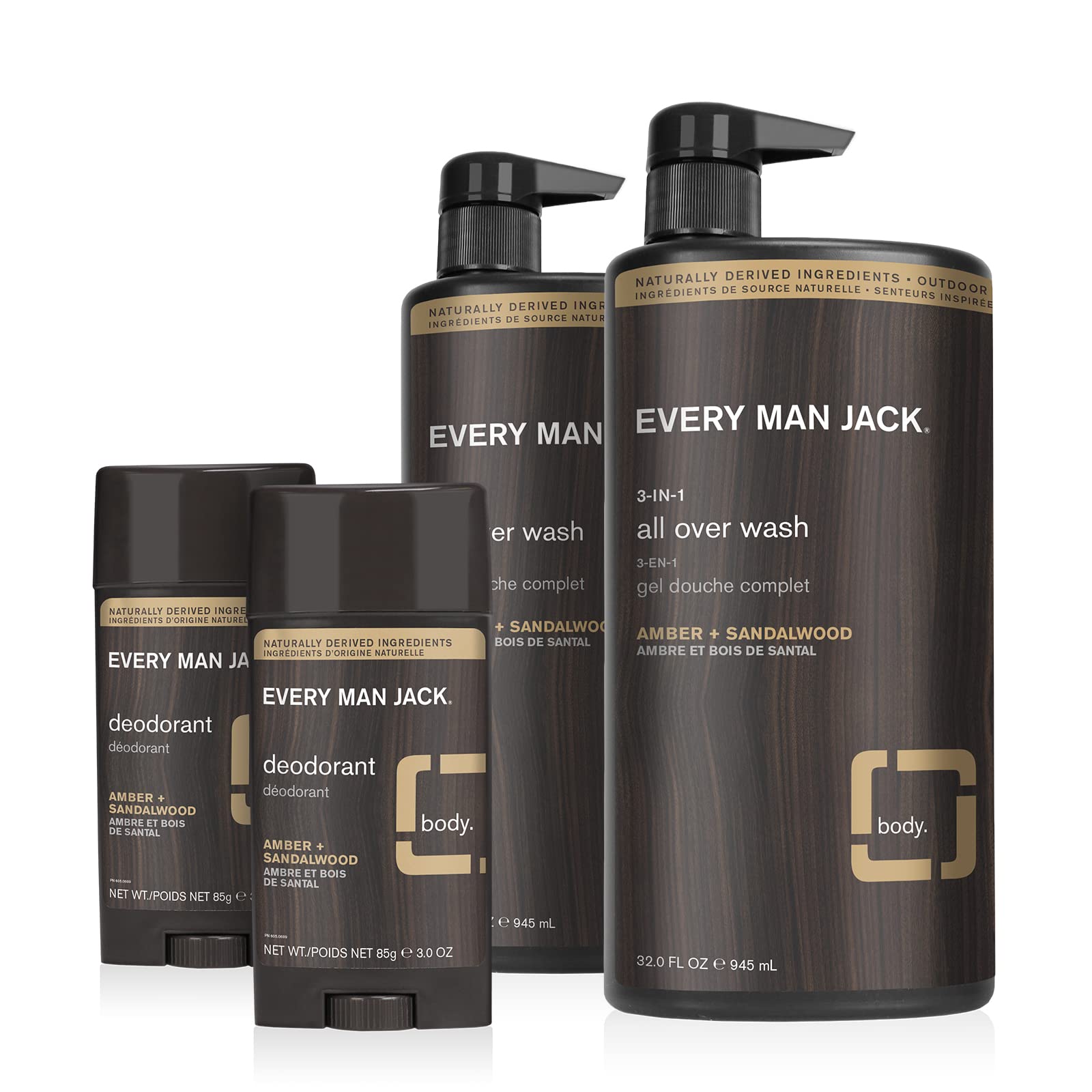 Every Man Jack Men’s All Over Wash + Deodorant Set - Cleanse All Skin Types and Fight Odors with Naturally Derived Ingredients and Amber + Sandalwood Scent - All Over Wash Twin Pack + Deo Twin Pack