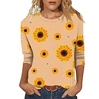 3/4 Sleeve Tops for Women Crew Neck Sunflower Printed Tops Trendy Casual T-Shirt Cute Loose Fit Tees Comfy Blouses