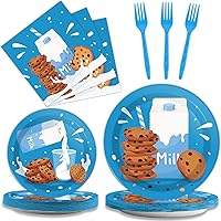 96 Pcs Milk and Cookies Party Paper Plates and Napkins Bundle Chocolate Chip Cookies and Milk Drinks Party Birthday Decorations Plates Napkins Forks for Party Favors 24 Guests