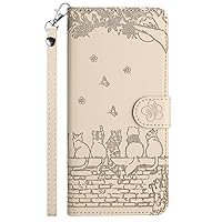 XYX Wallet Case Compatible with Xiaomi Redmi Note 13 Pro 5G, PU Leather Flip Protective Phone Case Card Slots Emboss Cat Flower Case with Wrist Strap for Redmi Note 13 Pro 5G, Beige