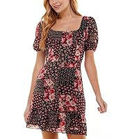 Womens Juniors Puff Sleeve Lace-Up Fit & Flare Dress Black 0