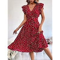 Women's Dress Heart Print Ruffle Trim Belted Dress Women's Dress (Color : Red, Size : Medium)