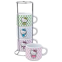Sanrio Hello Kitty Polka Dots 4pc Stackable Ceramic Espresso Small Cup Set, 3 Ounces