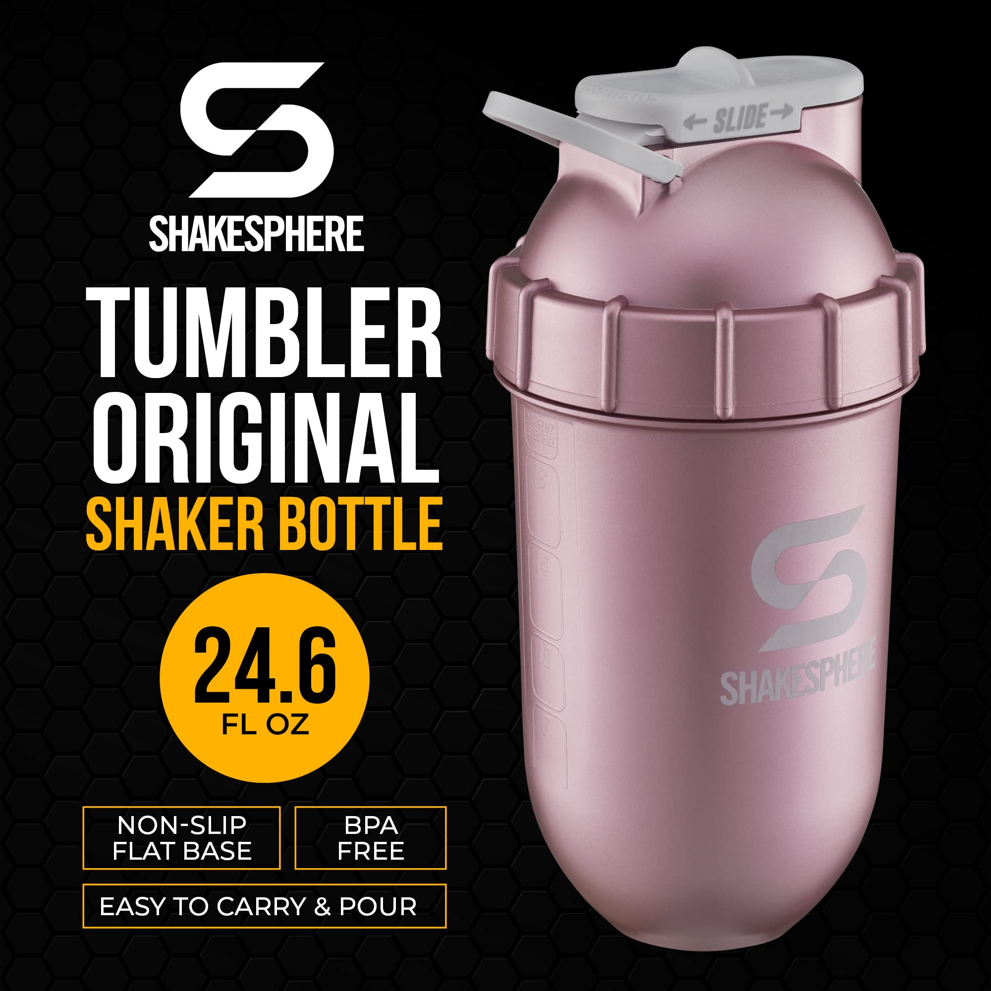 SHAKESPHERE Tumbler: Protein Shaker Bottle and Smoothie Cup, 24 oz - Bladeless Blender Cup Purees Raw Fruit with No Blending Ball - Drink Powder Mix Shake Mixer for Pre Workout, Gym (Matte Black)