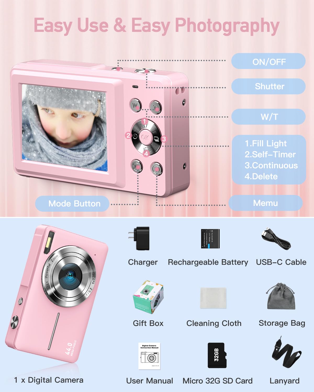 AiTechny Digital Camera for Kids, 1080P FHD Camera, 44MP Point and Shoot Digital Camera for Pictures with 32GB SD Card, 16X Zoom, Compact Small Vintage Camera Gifts for Teens Kids Boys Girls(Pink)