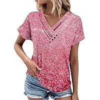 Ladies Summer Tops Trendy Tops for Women 2024 Marble Print Fashion Button Splice Leisure Loose with Short Sleeve V Neck Shirts Pink X-Large