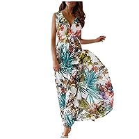 Summer Dresses for Women 2024 Sleeveless Deep V Neck Loose Boho Floral Long Maxi Casual Beach Tie Dress