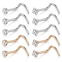 D.Bella Nose Rings 10Pcs 18G Nose Screw Rings Studs Surgical Steel Piercing Jewelry 2mm Clear CZ Silver