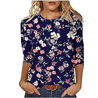Boho Floral Print T Shirt Women 3/4 Sleeve Crewneck Pullover Tops 2024 Casual Loose Fit Trendy Daily Blouses