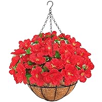 Artificial Hanging Flowers with Basket, Silk Fake Azalea Flowers in Coconut Lining Hanging Baskets, Fake Hanging Plants for Indoor Outdoor Yard Garden Patio Home Room Porch Decorations (Red)