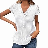 ZunFeo Summer Blouses for Women 2023 Trendy Lace Crochet V Neck Dressy Top Shirts Waffle Knit Casual Tshirt Blouse