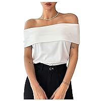 Floerns Women's Casual Off Shoulder Ribbed Knit Foldover Solid Half Sleeve Tee Shirt