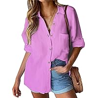 HOTOUCH Womens Cotton Button Down Shirt Casual Long Sleeve Loose Fit Collared Linen Work Blouse Tops with Pocket