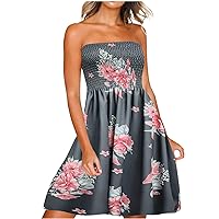 Womens Summer Boho Floral Bandeau Beach Dresses Strapless Smocked High Waist Casual Flowy A-Line Dress for Vacation