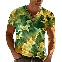 Mens Fashion Henley Shirts Short Sleeve Button T-Shirt Summer Retro Print Casual Tee Shirts Comfy Basic Tshirts Tops