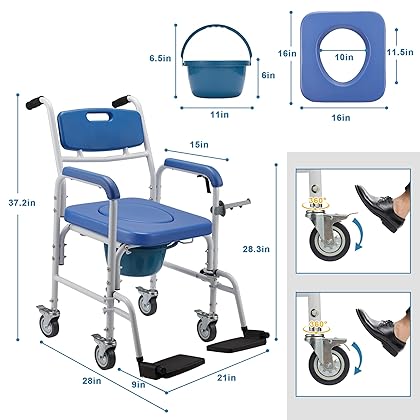 Homguava Bedside Commode Chair, 4 in 1 Shower Commode Wheelchair Rolling Transport Chair Toilet with Arms for Seniors and Disabled Weight Capacity 350lbs (Blue)
