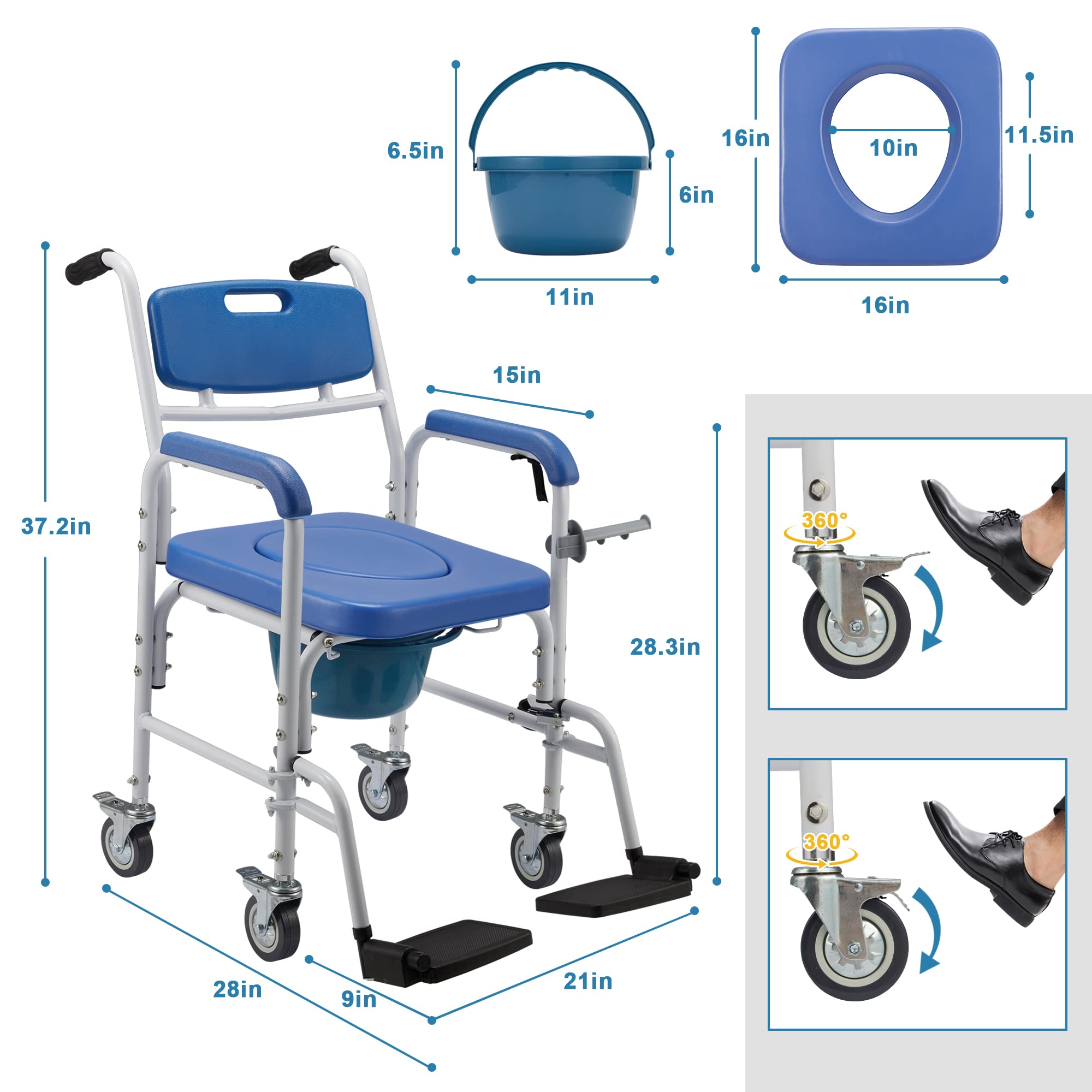 Homguava Bedside Commode Chair, 4 in 1 Shower Commode Wheelchair Rolling Transport Chair Toilet with Arms for Seniors and Disabled Weight Capacity 350lbs (Blue)